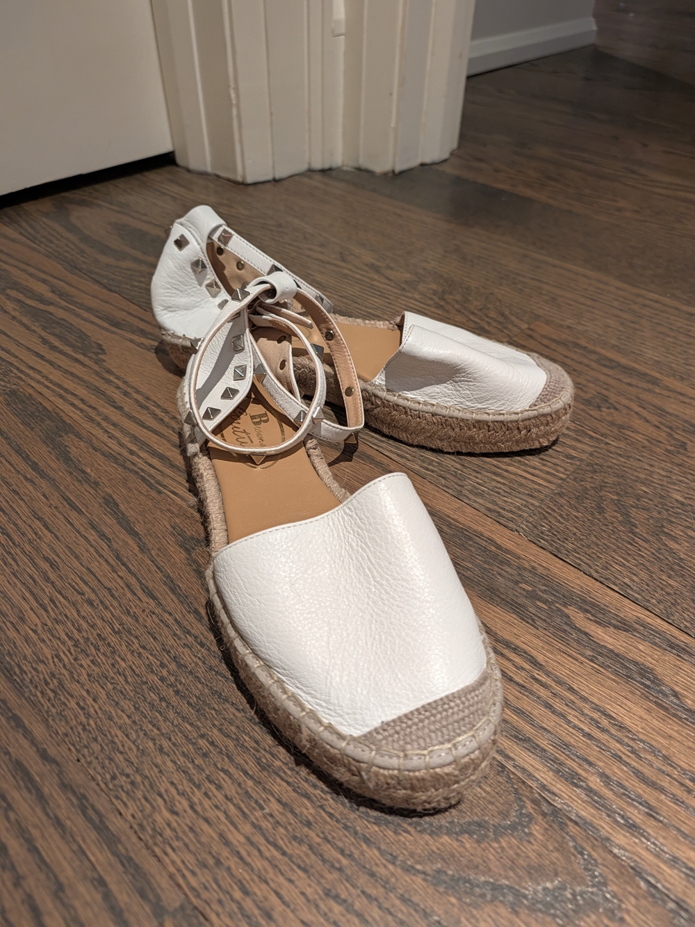 White Leather Stud-Trim Espadrille Flats with Ankle Wrap
